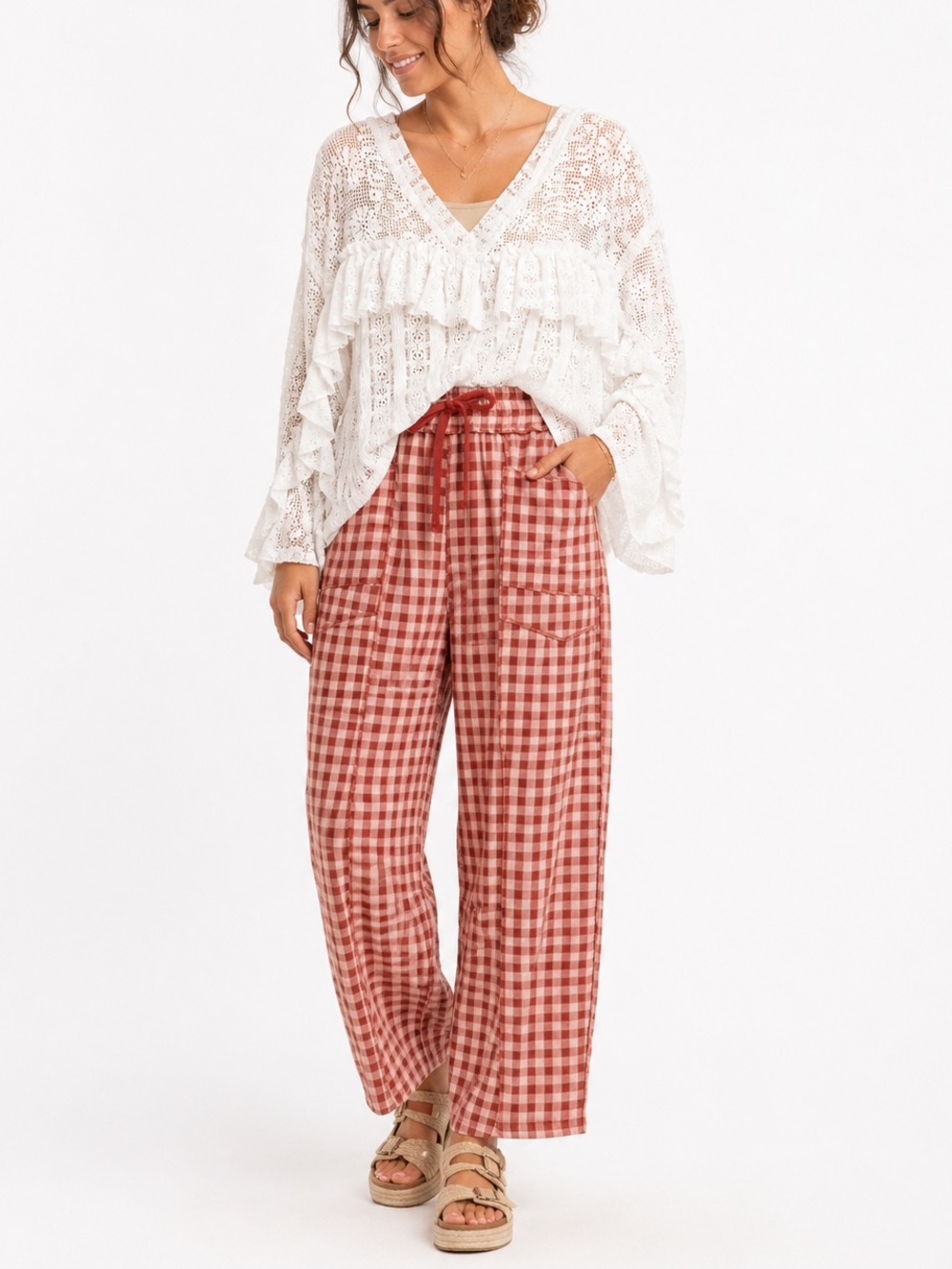 Wide Leg Gingham Pants in Rust Red NWOT
